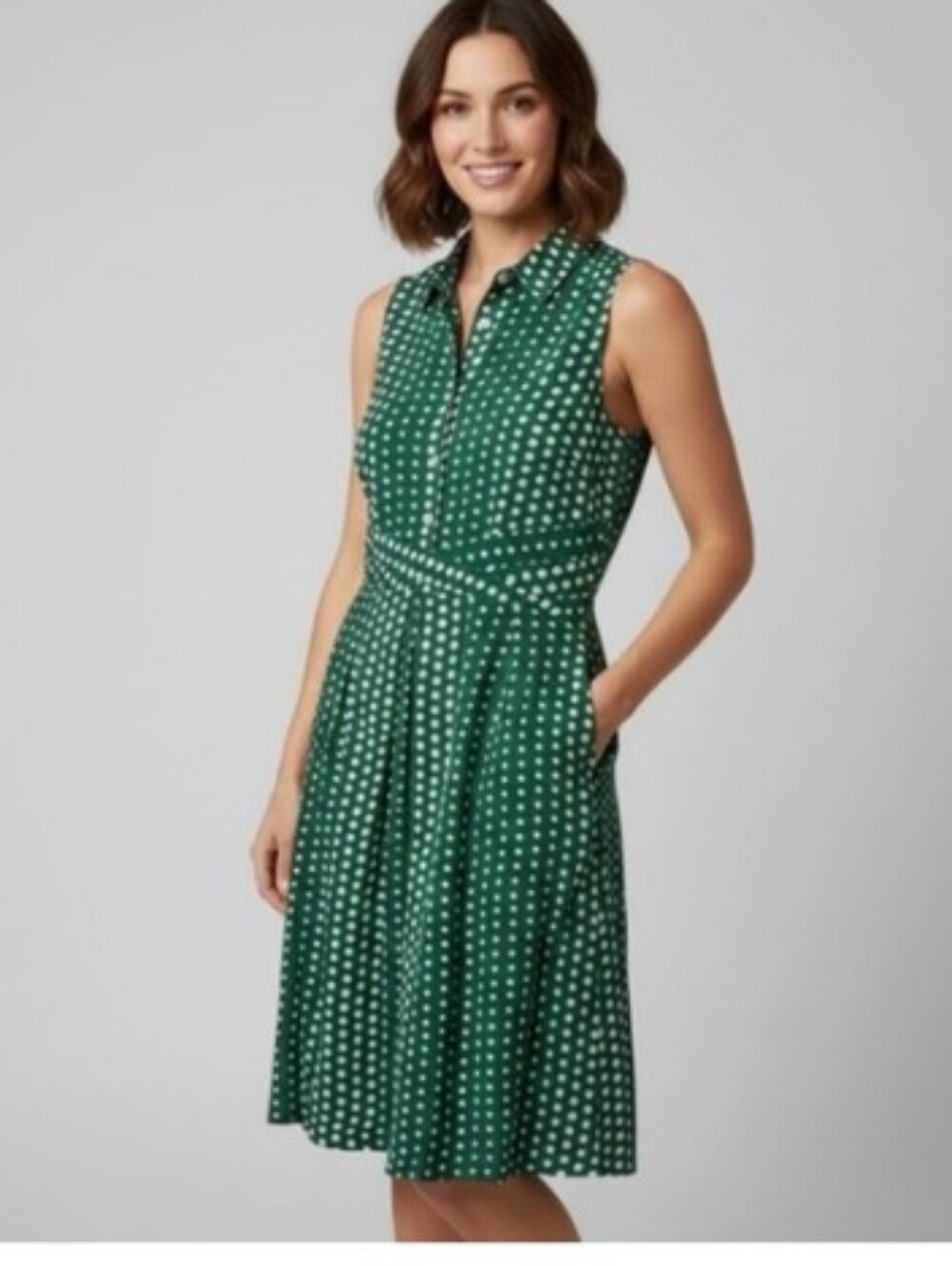 Anthropologie Green Polka Dot Sleeveless Shirt Dress